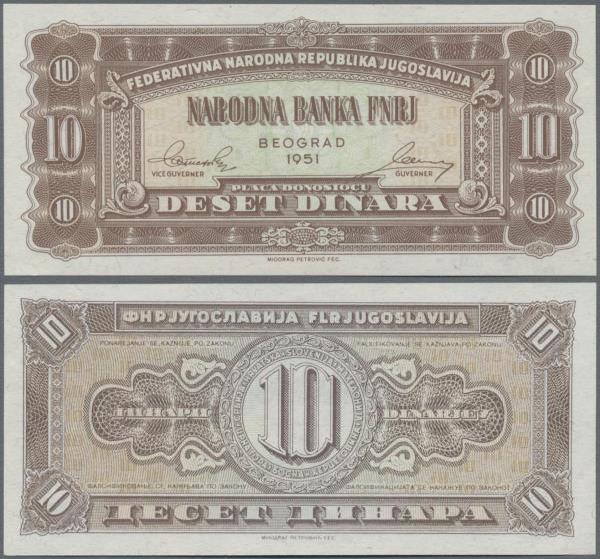 Yugoslavia: 10 Dinara 1951 unissued series, P.67I in perfect UNC condition.
 [t...