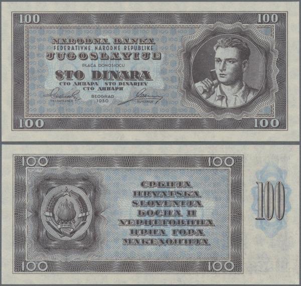 Yugoslavia: 100 Dinara 1950 unissued series, P.67V in perfect UNC condition. Ver...