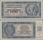 Yugoslavia: 500 Dinara 1950 unissued series, P.67W, soft vertical bend at right and traces of pencil annotations at lower right. Condition: XF+. Very ...