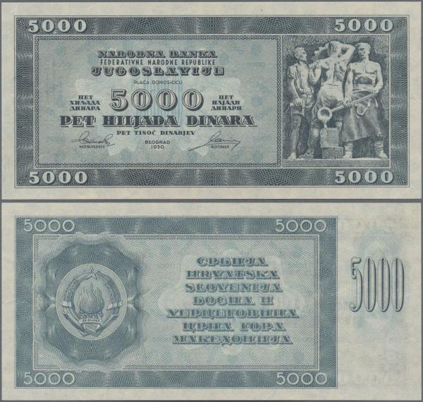Yugoslavia: 5000 Dinara 1950 unissued series, P.67Y, tiny dint at upper left, ot...