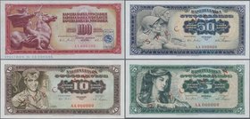 Yugoslavia: Complete Specimen set of the 1965 series with 5, 10, 50 and 100 Dinara SPECIMEN, P.77s-80s, all in perfect UNC condition. (4 pcs.)
 [taxe...