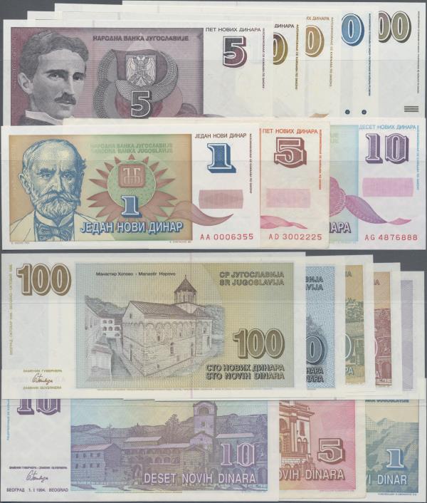 Yugoslavia: Lot with 8 banknotes of the “Novi-Dinar” issue 1994-1999 with 1, 5 a...