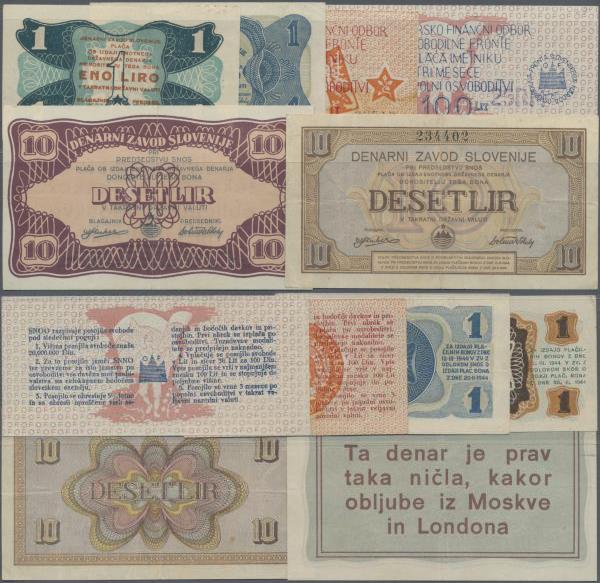 Yugoslavia: Nice lot with 6 banknotes, comprising 50 and 100 Lit of the Slovenia...