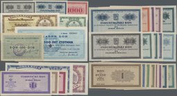 Yugoslavia: Huge lot with 33 regional and local issues, comprising 1, 10 and 100 Dinar “ZEMUN” POW camp money, 2x 1, 2, 2x 5, 10, 20, 50, 2x 100, 500 ...