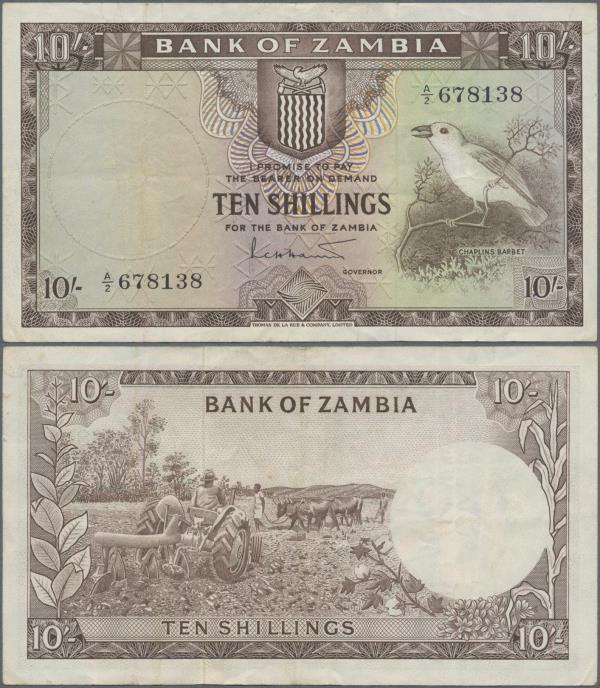 Zambia: Bank of Zambia 10 Shillings ND(1964), P.1, great condition with a few fo...