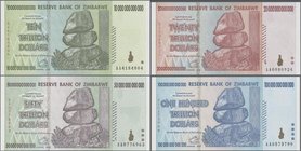 Zimbabwe: Set of 4 banknotes 10, 20, 50 and 100 Trillion Dollars 2008, P. 85-91 in UNC condition. World inflation record ! (4 pcs.)
 [taxed under mar...