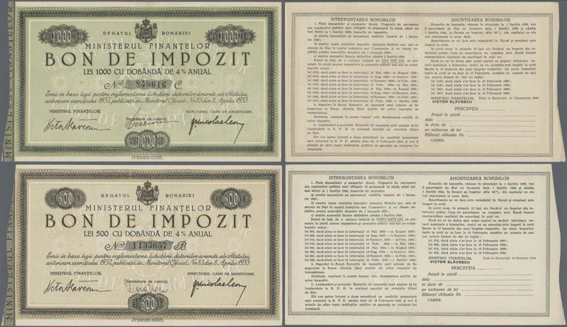 Romania: Set with 2 pcs. BON DE IMPOZIT 500 and 1000 Lei 1933, P.NL in UNC condi...
