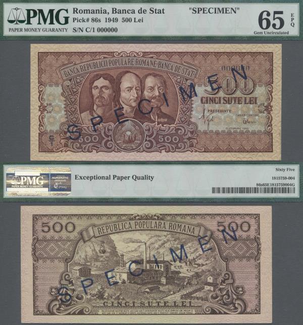 Romania: 500 Lei 1949 SPECIMEN, P.86s, PMG graded 65 Gem Uncirculated EPQ
 [tax...