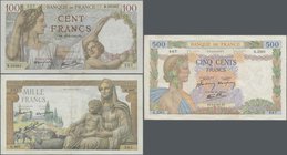 France: Huge lot with 54 banknotes 1940's comprising 50 pcs. 100 Francs 1940-42 P.94 (F-VF), 2 pcs. 500 Francs 1941 P.95 (VF+) and 2 pcs. 1000 Francs ...