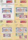 Alle Welt: Thomas Cook Travellers Cheques, set with 15 Specimen with 4 pcs. of 500 French Francs, 4 pcs. of 500 Deutsche Mark, 4 pcs. of 100.000 Japan...