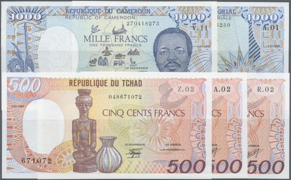 Africa: interesting set of 5 african banknotes containing Central African Republ...