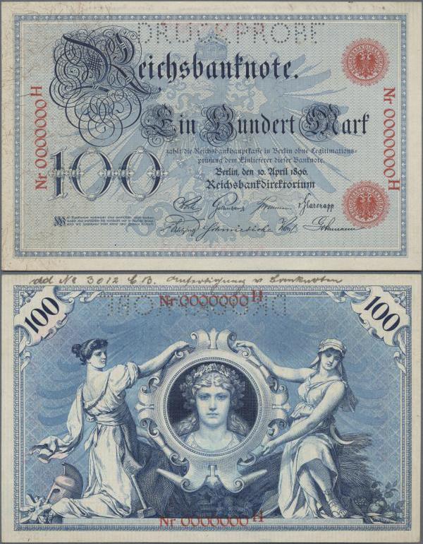 Deutschland - Deutsches Reich bis 1945: 100 Mark 1896 MUSTER, Ro.15P mit KN 0000...