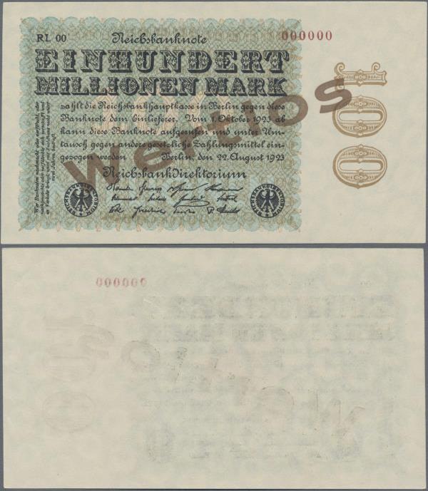 Deutschland - Deutsches Reich bis 1945: 100 Millionen Mark 1923 MUSTER, Wz. Ring...