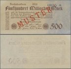 Deutschland - Deutsches Reich bis 1945: 500 Milliarden Mark 1923 Muster aus laufender Serie, Fz. BE, KN 40195, Ro.124eM, mit rotem Überdruck ”Muster”,...