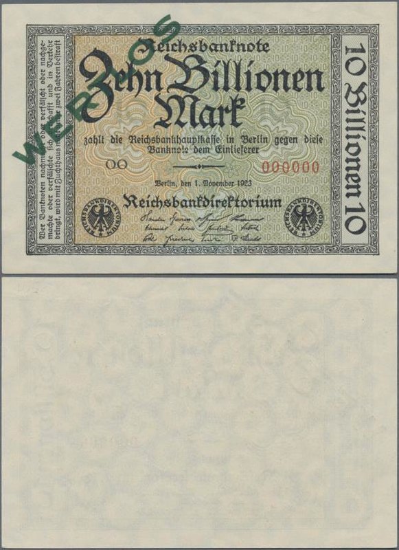 Deutschland - Deutsches Reich bis 1945: 10 Billionen Mark 1923 MUSTER mit KN 000...