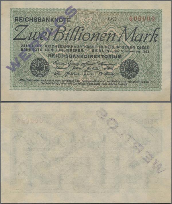 Deutschland - Deutsches Reich bis 1945: 2 Billionen Mark 1923 MUSTER mit roter K...