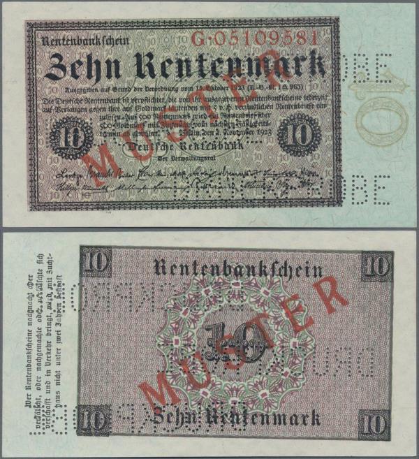 Deutschland - Deutsches Reich bis 1945: 10 Rentenmark 1923 Muster, Ro.157M, rote...