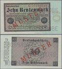 Deutschland - Deutsches Reich bis 1945: 10 Rentenmark 1923 Muster, Ro.157M, roter Überdruck ”Muster”, KN G05109581 und dreifacher Perforation ”Druckpr...