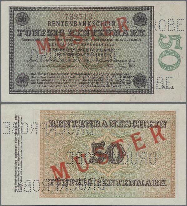 Deutschland - Deutsches Reich bis 1945: 50 Rentenmark 1923 Muster, Ro.158M, rote...