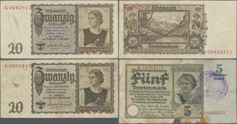 Deutschland - Deutsches Reich bis 1945: Kleines Lot mit 3 belgischen Abstempelungen auf 5 Rentenmark und 20 Reichsmark, dabei Zeilen- und Gemeindestem...