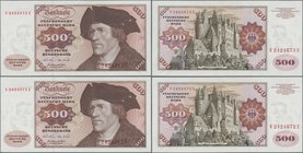 Deutschland - Bank Deutscher Länder + Bundesrepublik Deutschland: Fortlaufend nummeriertes Paar 500 DM 1970 Serie ”V/E”, Ro.274a, winzige herstellungs...
