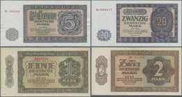 Deutschland - DDR: Sehr schönes Lot mit 9 Banknoten, dabei 10 Mark 1948 mit Klebemarke Ro.334c (VF), 2x 50 Pfennig 1948 Ro.339b,d (aUNC), 1 Mark 1948 ...