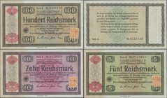 Deutschland - Nebengebiete Deutsches Reich: Lot mit 3 Konversionskassenscheinen zu 5, 10 und 100 Reichsmark 1934, wie Ro.708a, 709a, 713a, aber jeweil...