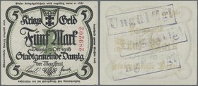 Deutschland - Nebengebiete Deutsches Reich: Kriegsgeld der Stadtgemeinde Danzig zu 5 Mark 1918, Ro.ex786a mit dreifachem Stempel ”UNGÜLTIG” auf der Rü...