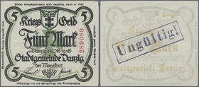 Deutschland - Nebengebiete Deutsches Reich: Stadtgemeinde Danzig, 5 Mark Kriegsgeld 1916, Ro.ex786a mit rückseitigem Stempel “Ungültig” in kassenfrisc...