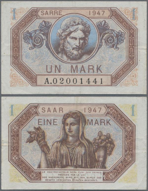 Deutschland - Nebengebiete Deutsches Reich: Saar 1 Mark 1947, Ro.867, leicht geb...