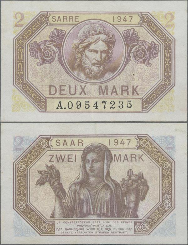Deutschland - Nebengebiete Deutsches Reich: Saar 2 Mark 1947, Ro.868, die selten...