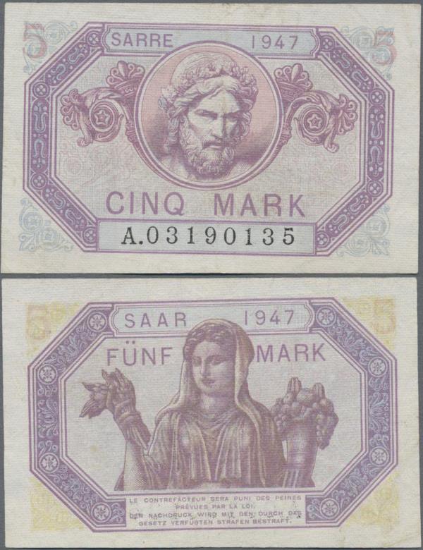 Deutschland - Nebengebiete Deutsches Reich: Saar 5 Mark 1947, Ro.869, sehr saube...