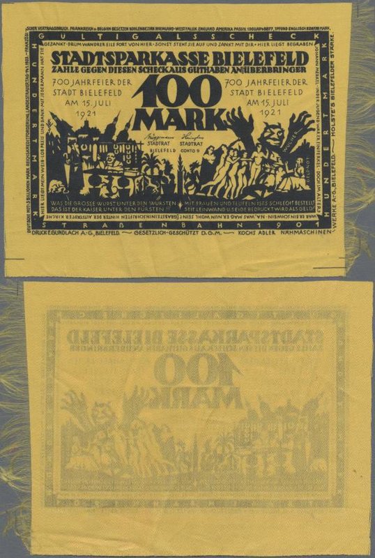 Deutschland - Notgeld besonderer Art: Bielefeld, 100 Mark, 15.7.1921, gelbe Seid...