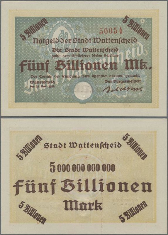 Deutschland - Notgeld - Westfalen: Wattenscheid, Stadt, 5 Billionen Mark, 15.11....