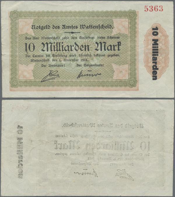 Deutschland - Notgeld - Westfalen: Wattenscheid, Amt, 10 Mrd. Mark, 1.11.1923, E...
