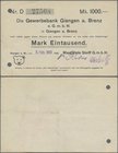 Deutschland - Notgeld - Württemberg: Giengen, Margarete Steiff GmbH, 1000 Mark, 2. Feb. 1923 (Datum gestempelt), Scheck auf Gewerbebank Giengen, links...