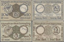 Deutschland - Notgeld - Württemberg: Ludwigsburg, Stadt, 5, 20 Mark, 24.10.1918, mit KN und Stempeln ”Ungültig!”, Erh. III-, II, total 2 Scheine
 [ta...