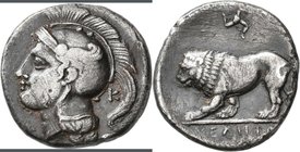 Lukanien: Velia (=Hyele): Didrachme ca. 305-290 v. Chr., 7,3 g. Kopf der Athena nach links / ΥΕΛΗΤΩΝ, Löwe nach rechts, darüber Φ-Ι und Triskeles. Seh...