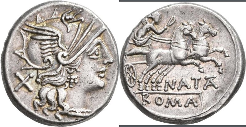 Pinarius Natta (149 v.Chr.): Natta, AR-Denar, 149 v. Chr., Romakopf nach rechts ...