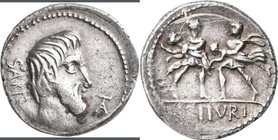 Lucius Titurius Sabinus (89 v.Chr.): AR-Denar, 89 v. Chr., Rom, L. Titurius Sabinus, Kopf des Königs Tatius r., davor Monogramm aus TA / zwei Soldaten...