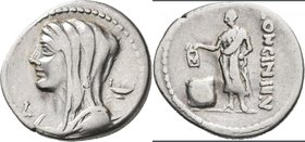 Lucius Cassius Longinus (63 v.Chr.): AR Denar 63 v. Chr., Mzst. Rom, 3,8 g. Verschleierte Vestabüste nach links / Togatus steht nach links. Albert 133...
