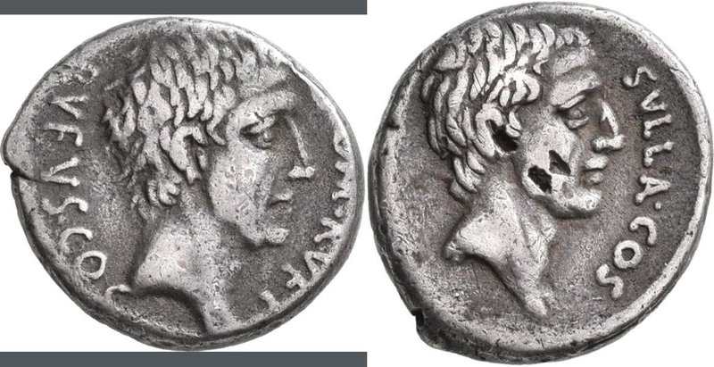 Quintus Pompeius Rufus (54 v.Chr.): AR-Denar, Kopf des L. Cornelius Sulla nach r...