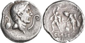 Pompeius Magnus Pius (45 v.Chr.): Denar 42/40 v. Chr., Münzstätte auf Sizilien, 3,58 g. Kopf des Pompeius Magnus zwischen Krug und Lituus / Neptun mit...