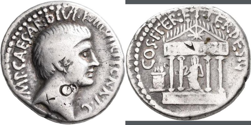 Augustus (27 v.Chr. - 14 n.Chr.): AR-Denar, Kopf nach rechts / Tempel mit vier S...