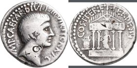 Augustus (27 v.Chr. - 14 n.Chr.): AR-Denar, Kopf nach rechts / Tempel mit vier Säulen, Kampmann 2.20, Crawford 540/2, Sydenham 1338, 3,89 g, schön-seh...