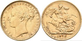 Australien: Victoria 1837-1901: Sovereign 1875 M, Melbourne, KM# 7, Friedberg 16. 7,97 g, 917/1000 Gold. Kratzer, sehr schön.
 [plus 0 % VAT]