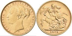 Australien: Victoria 1837-1901: Sovereign 1879 M, Melbourne, Young Head. KM# 7, Friedberg 16. 7,96 g, 917/1000. Kratzer, sehr schön.
 [plus 0 % VAT]