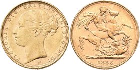 Australien: Victoria 1837-1901: Sovereign 1886 M, Melbourne, KM# 7, Friedberg 16. 7,97 g, 917/1000 Gold. Kleine Kratzer und Randfehler, sehr schön.
 ...