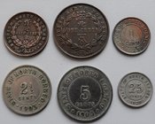 Borneo: British North Borneo: Set von 6 Münzen: ½ Cent 1885, 1 Cent 1882, 1 Cent 1921, 2½ Cent 1903, 5 cents 1903 und 25 Cents 1929. KM# 1-6.
 [taxed...