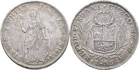 Peru: 8 Reales 1833 B, Cuzco, KM# 142.4, 26,77 g, Kratzer, sehr schön.
 [taxed under margin system]